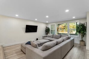 Smart TV, fireplace, books, printers