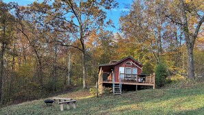 Una cabaña en un bosque con una terraza y una mesa de picnic.
