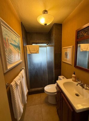 Shower, hair dryer, towels, soap