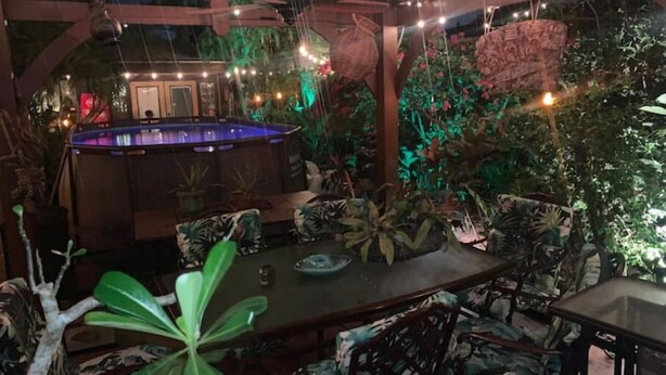 Un espace piscine doté d’un bar, entouré de plantes tropicales et de chaises.