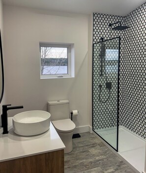 Shower, hair dryer, towels, soap