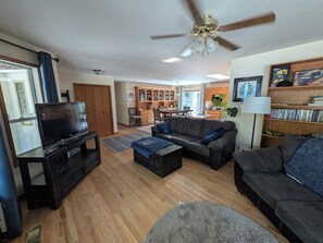 Smart TV, fireplace, video games, DVD player