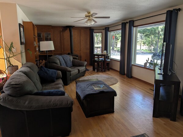 Smart TV, fireplace, video games, DVD player