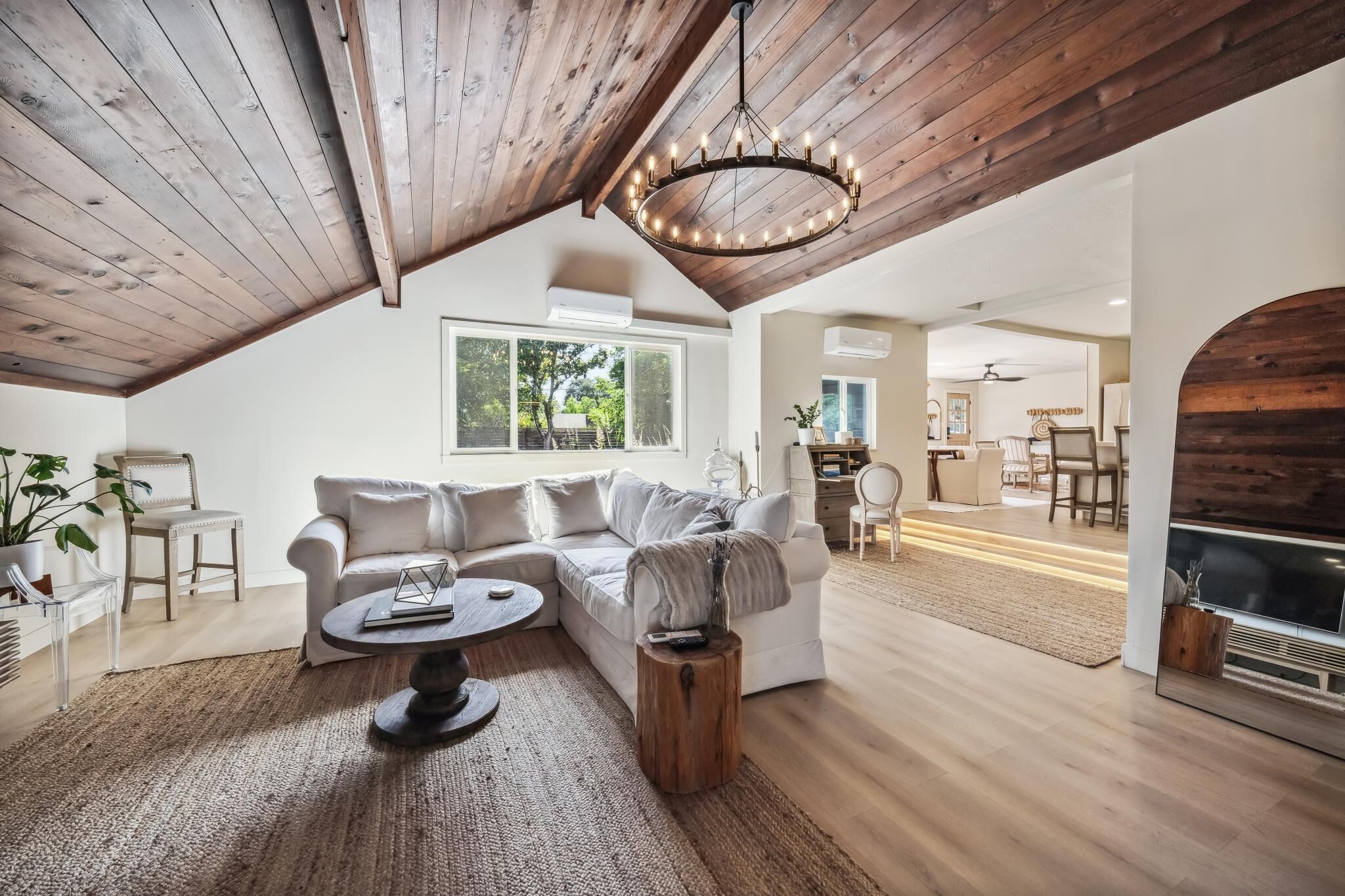 Smart TV, fireplace, books