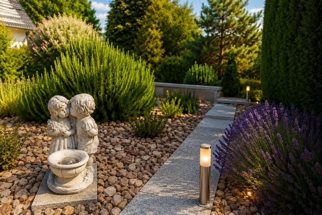 Un sentier de jardin agrémenté d’une sculpture en pierre, d’un lampadaire et de buissons de lavande.