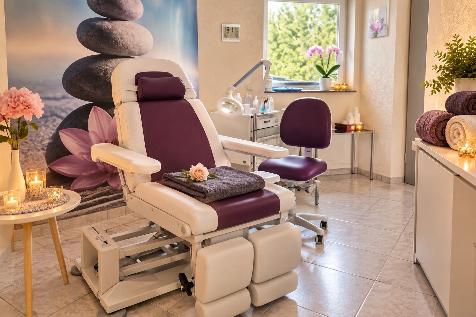 Una silla de spa con reposapiés, una mesita con velas y una ventana con vistas a árboles.