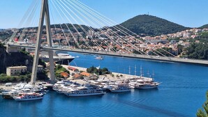 A cable-stayed bridge spanning a body of water with a marina filled with boats.