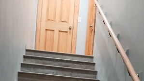 A wooden staircase with a handrail, leading to a wooden door at the top.
