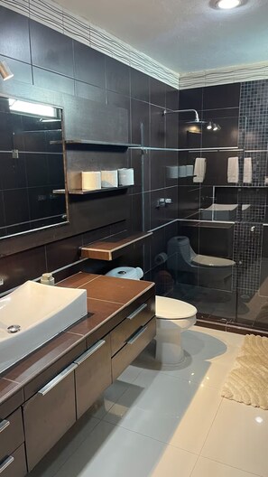 Douche, séchoir à cheveux, serviettes fournies, savon
