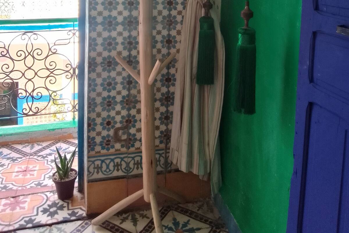 A room with a green wall, a blue door, a patterned tile floor, a potted plant, a hanging mirror, and a curtain.