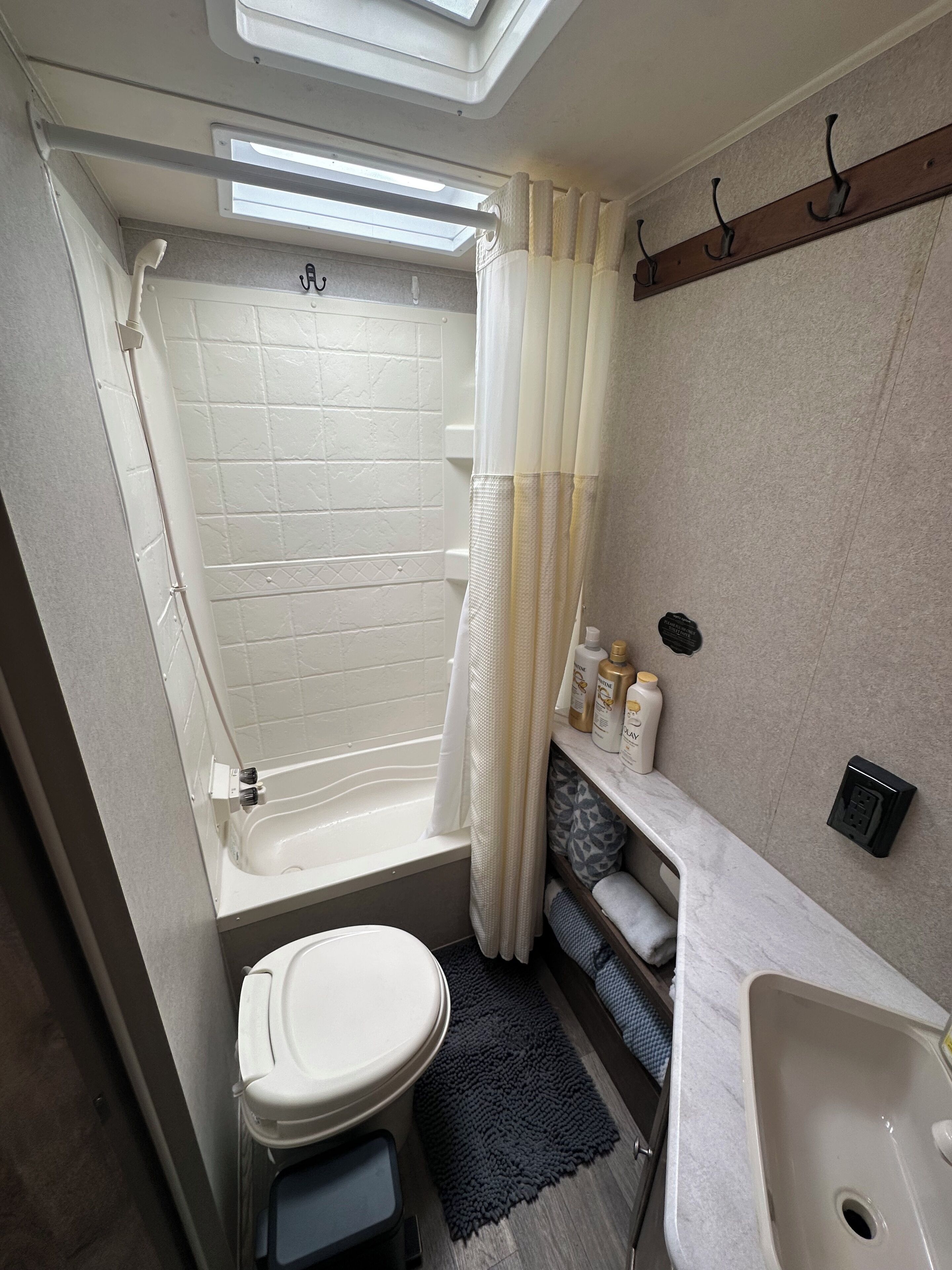 Hair dryer, towels, soap, shampoo