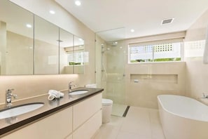 Shower, hair dryer, towels