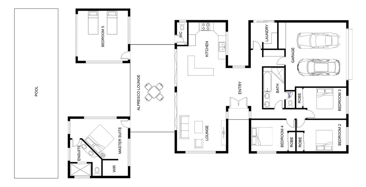 Distribución de un hotel que incluye piscina, suite principal, baño privado, cocina, lavandería, garaje y varias habitaciones.