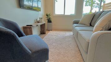 Een woonkamer met een grijze bank, een blauwe fauteuil, een witte vloerkleed, een potplant en een groot raam.