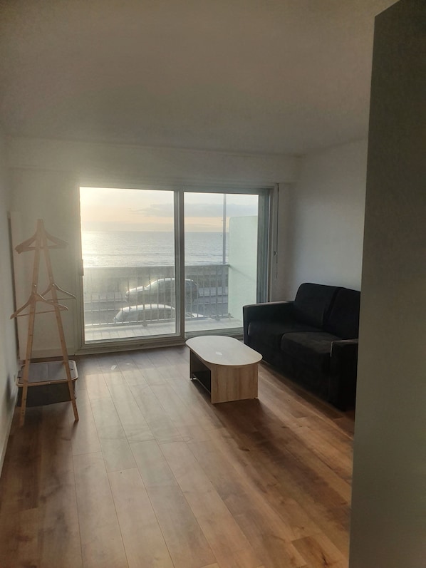 A spacious living room with a large window, a black sofa, a wooden coffee table, and a wooden hanger stand.