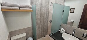 Shower, towels, soap, toilet paper