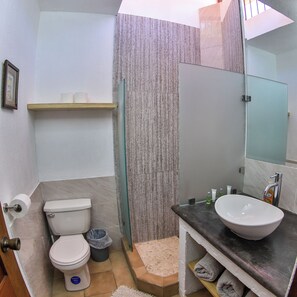 Shower, towels, soap, toilet paper