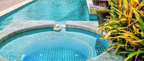 Una piscina con un jacuzzi en el centro, rodeada de baldosas de piedra y plantas.