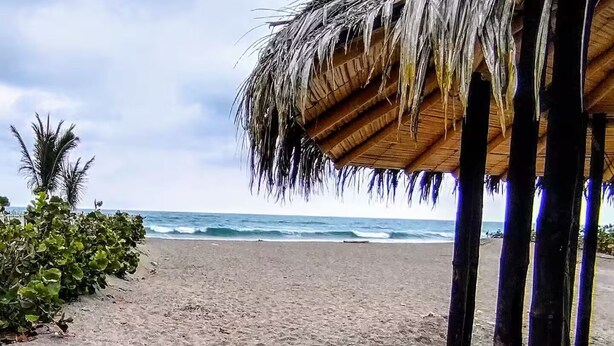 A beach with a thatched-roof structure, sandy beach, and ocean view. - La Villa Playera. (Puerto Cayo)