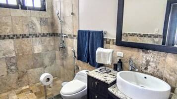 Shower, towels, soap, toilet paper