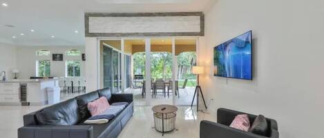 Smart TV, fireplace, books