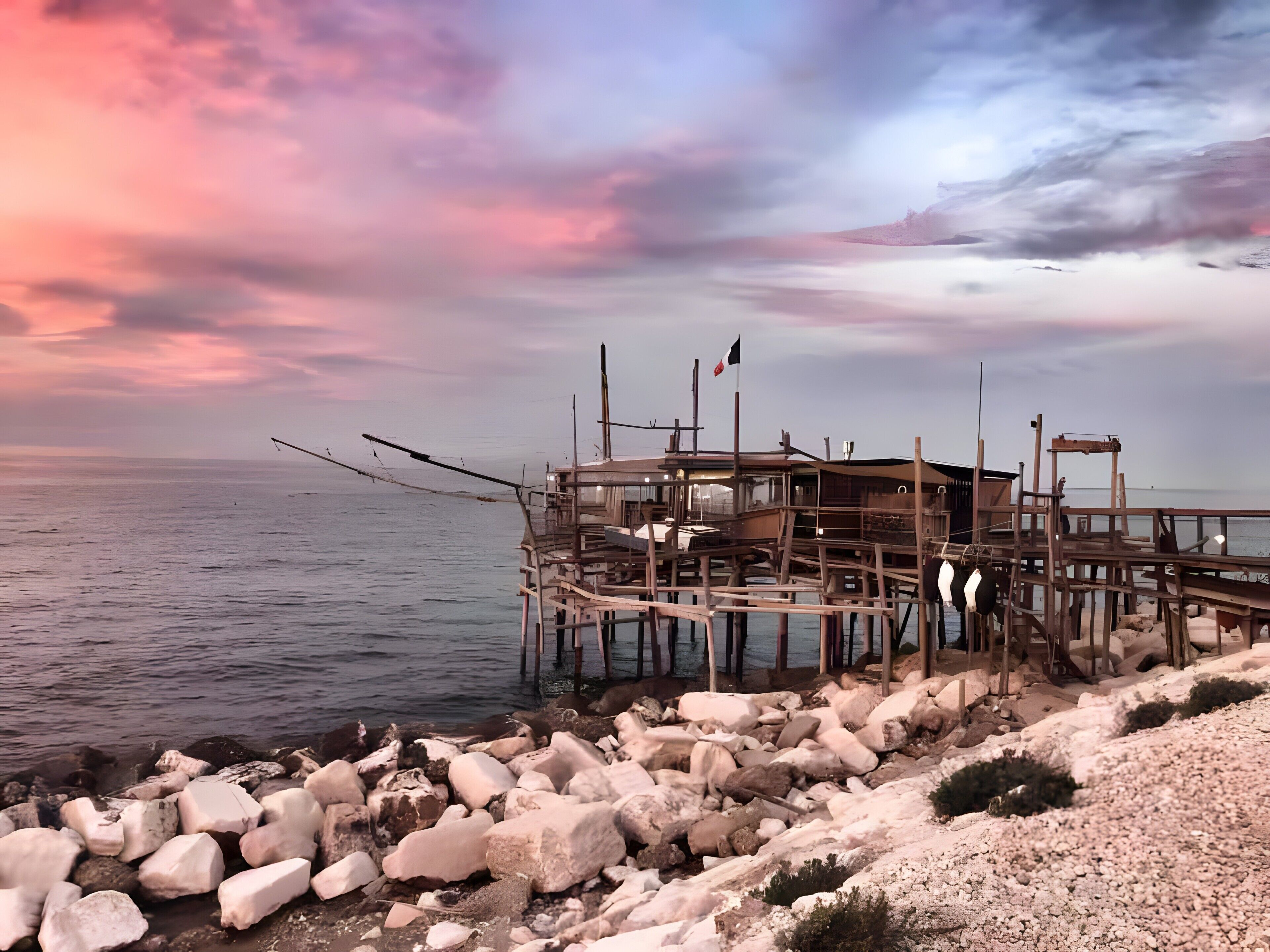 Una banchina in legno con un edificio, circondata da rocce e dal mare.