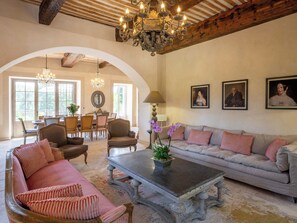 Televisio, takka, DVD-soitin, kirjoja