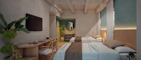 A modern hotel room with a large bed, a desk, and a seating area.