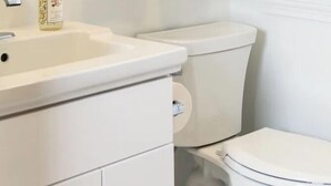 A bathroom with a toilet, sink, and toilet paper.