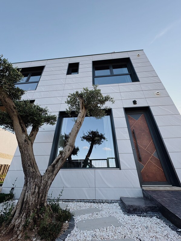 A modern building with a geometric facade, large windows, and a tree in the foreground.