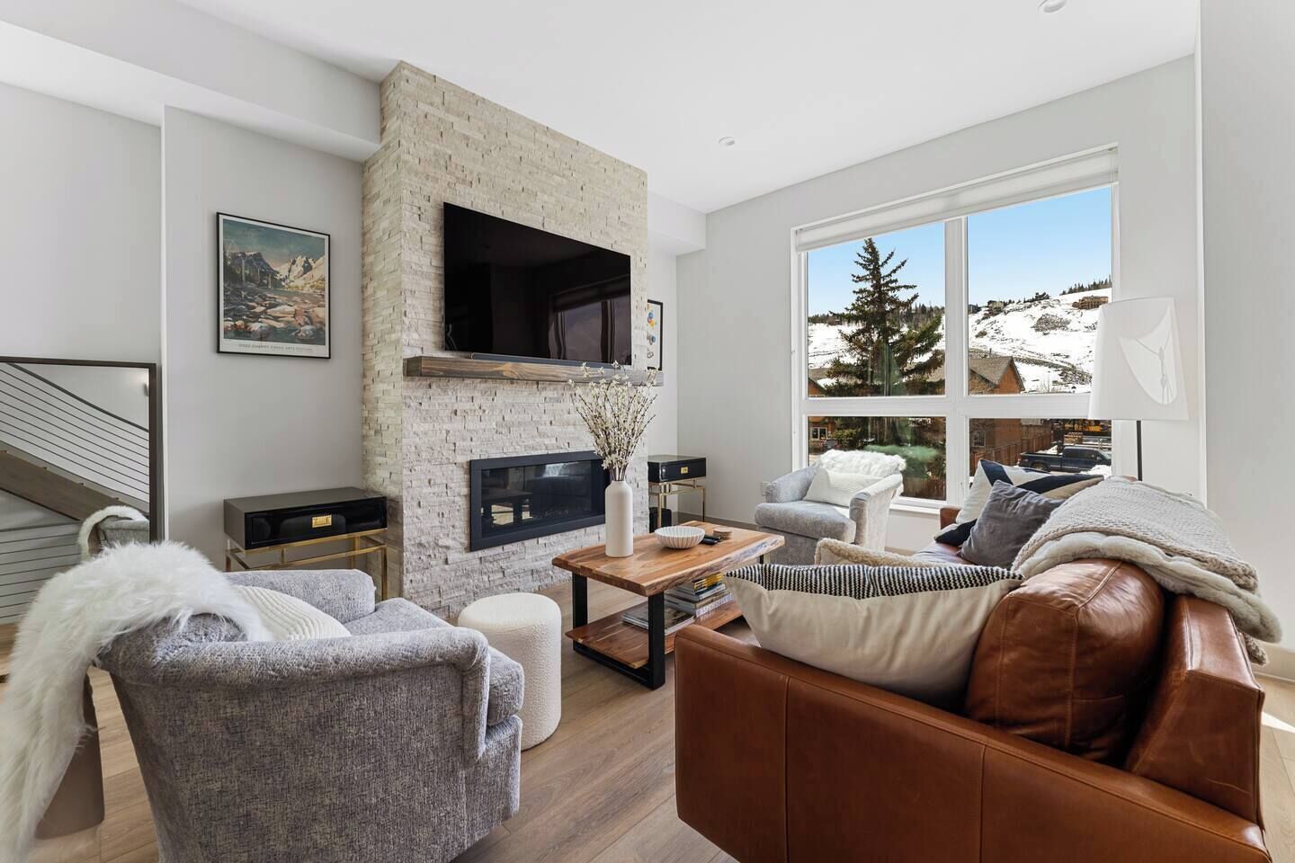 Smart TV, chimenea, libros y videoteca 