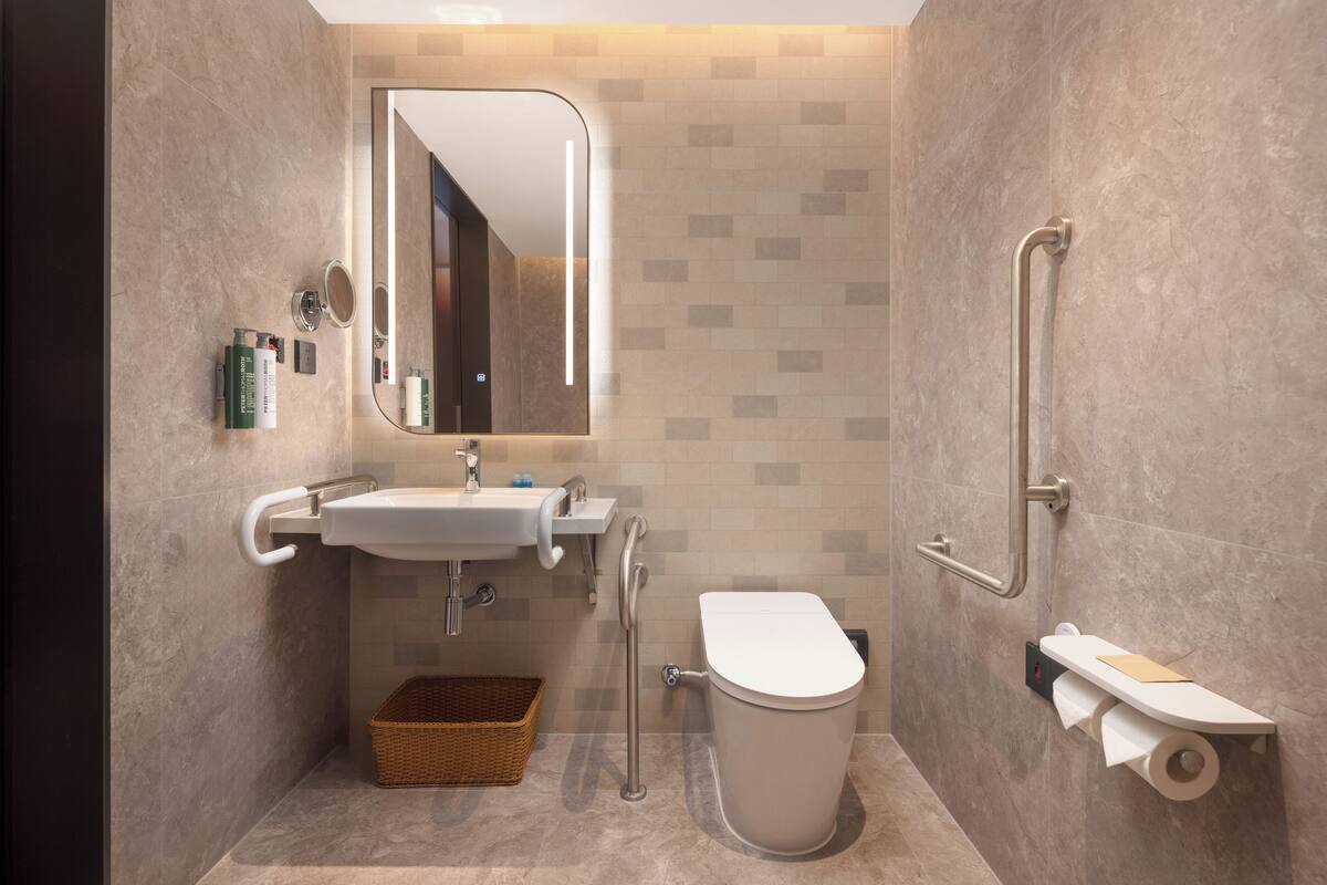 Un baño moderno con lavamanos, espejo, inodoro y barras de apoyo.