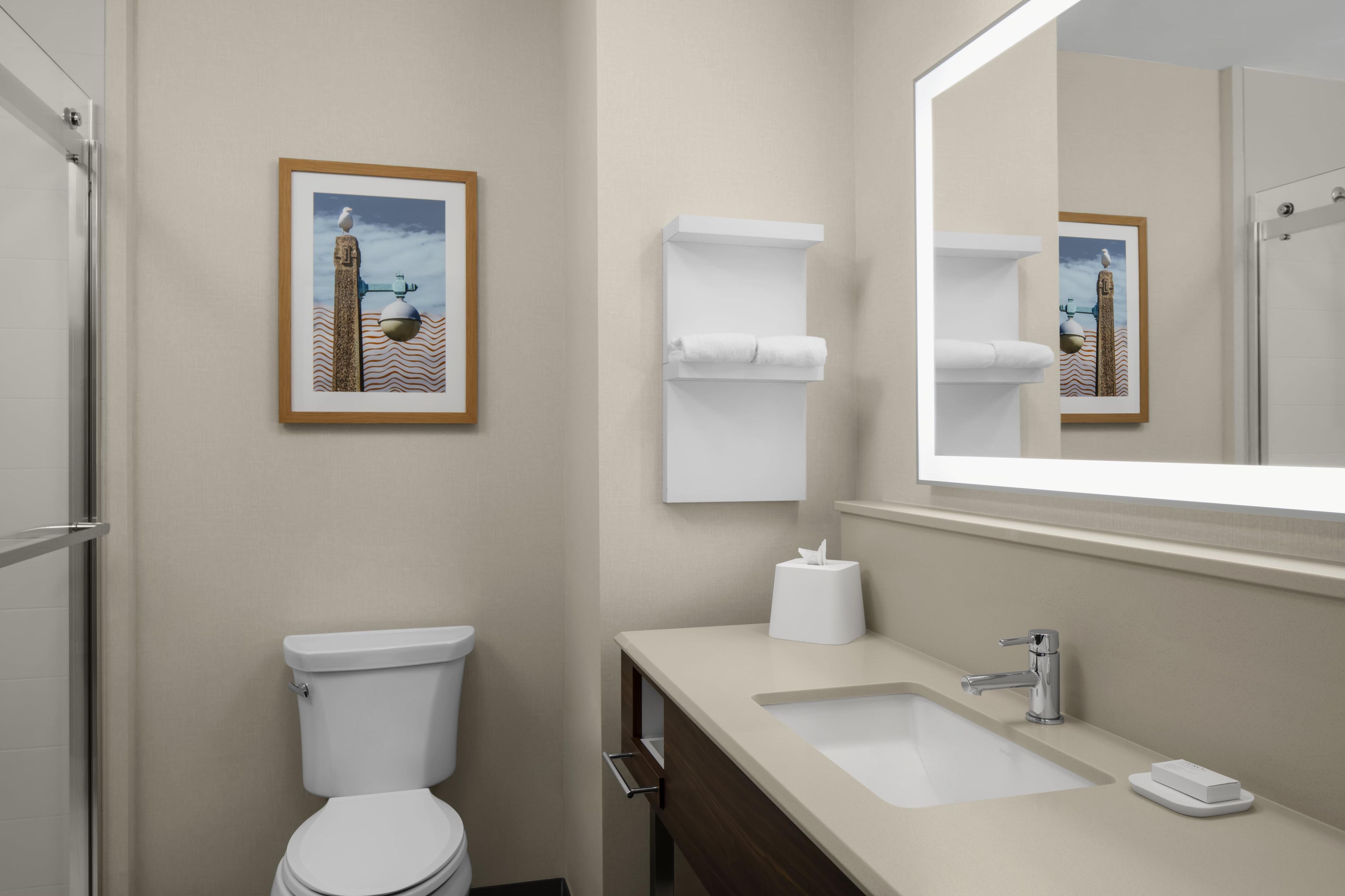 Une salle de bain moderne avec des toilettes, un lavabo et un grand miroir. Des tableaux encadrés ornent le mur.