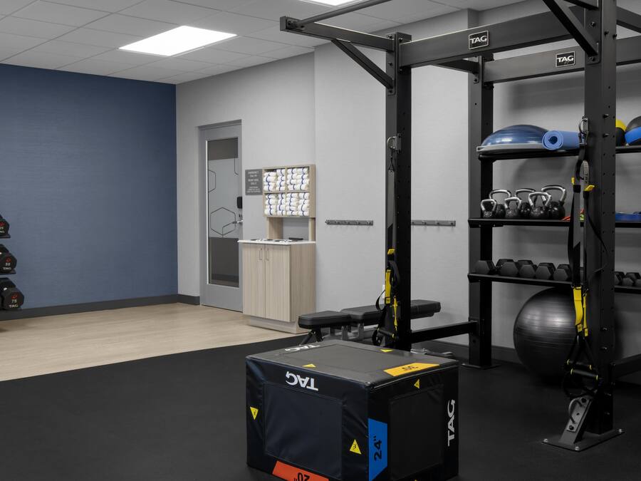 Un gimnasio con equipo de levantamiento de pesas, una banca y un estante con mancuernas y kettlebells.