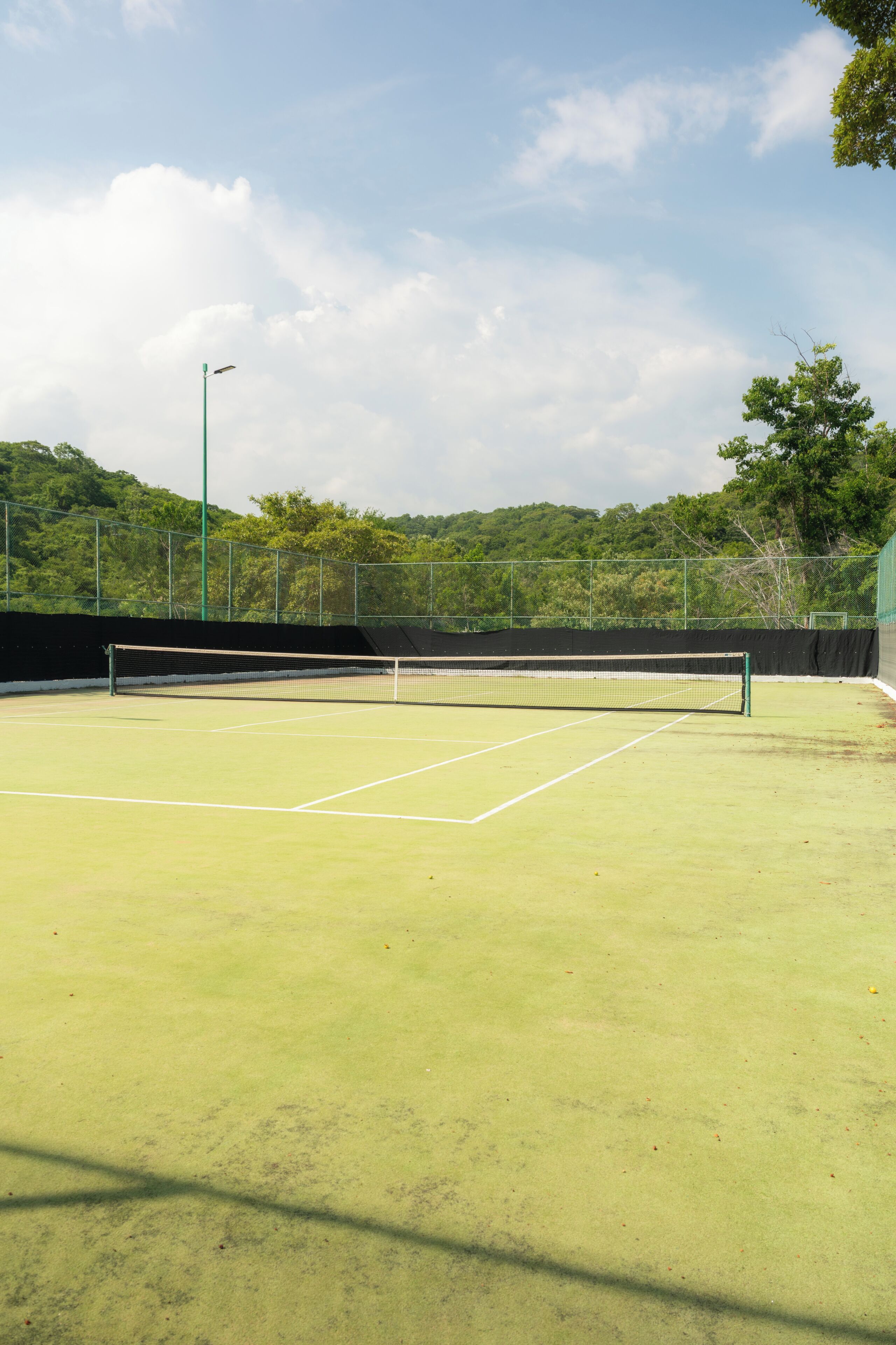 A tennis court with a net, surrounded by a fence and trees.