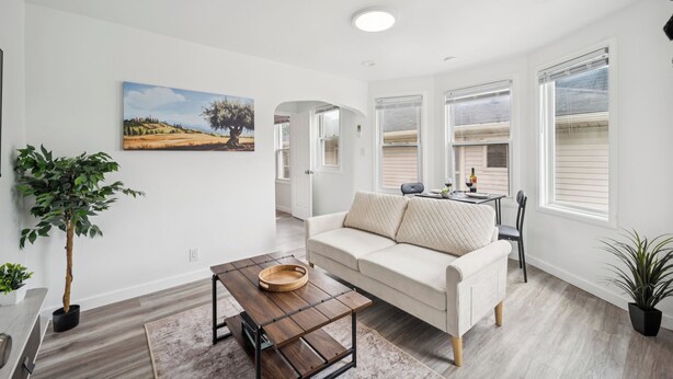 A modern living room with a sofa, coffee table, and potted plants. There is a painting on the wall and a window with blinds. - 15 min. to Detroit center - bathroom with floor heating - free curbside parking (River Rouge)