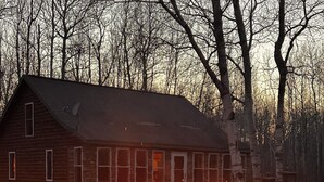A rustic cabin with a fire pit in front. - Amazing Lake of the Woods 2-bedroom cabin with loft and man cave in Baudette, MN (Williams)