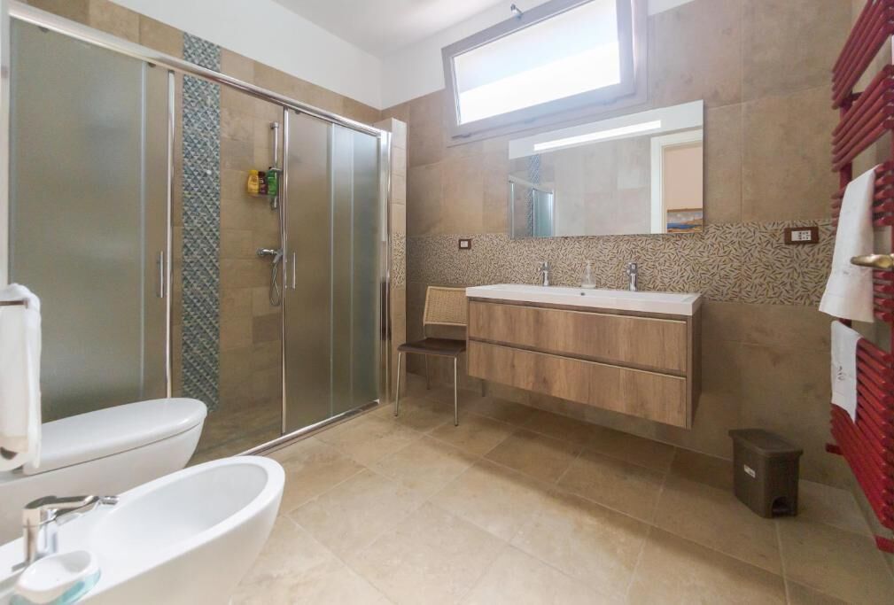 Shower, hair dryer, bidet, towels