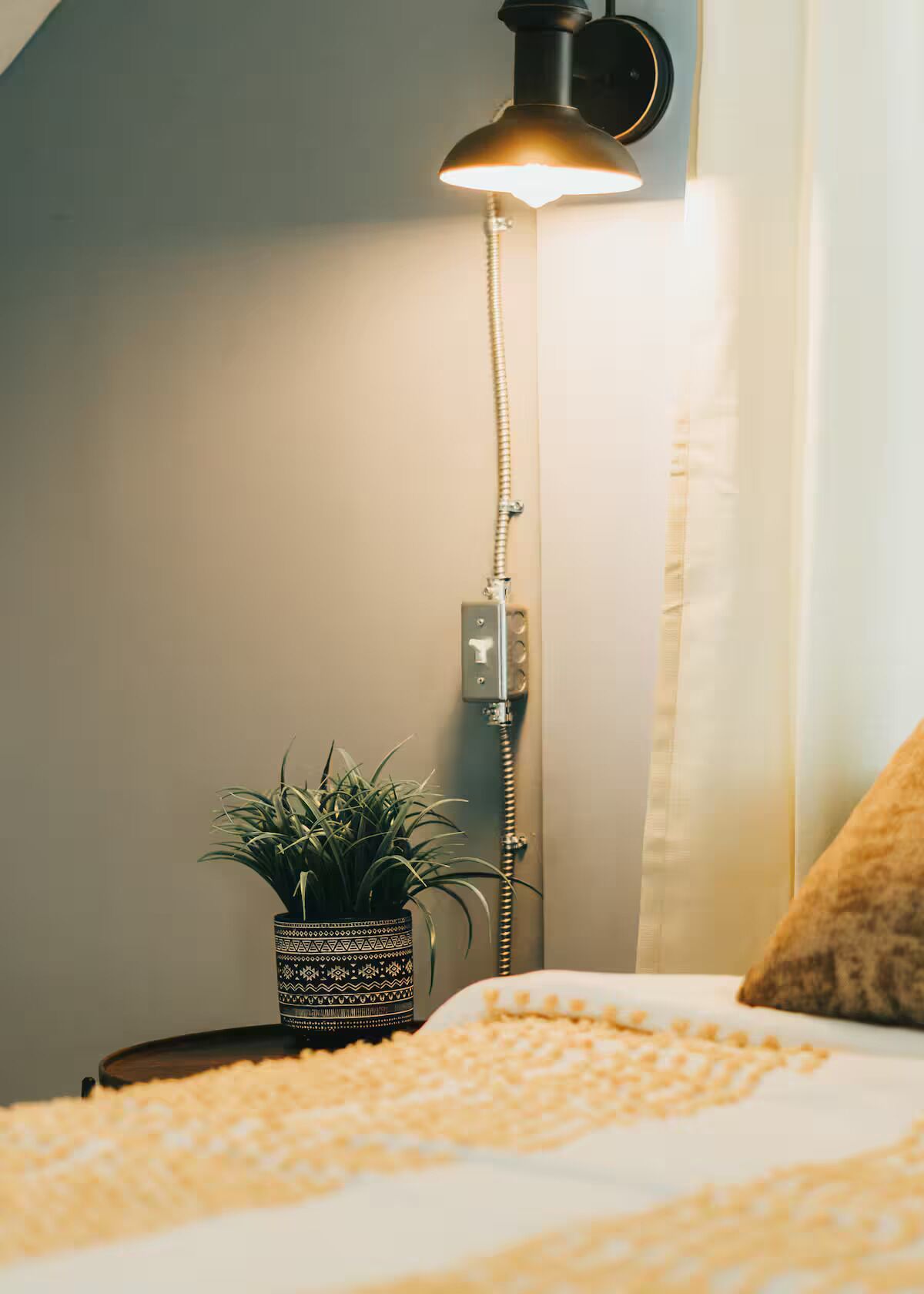 A bed with a textured blanket, a bedside plant in a patterned pot, and a wall-mounted lamp.