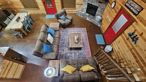 Smart TV, fireplace, books