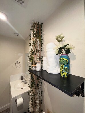 Shower, hair dryer, towels, soap