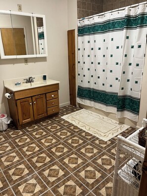 Hair dryer, towels, soap, shampoo