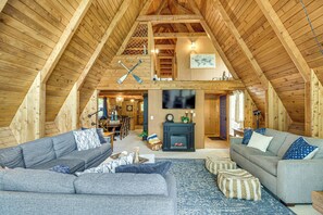 TV, fireplace, books