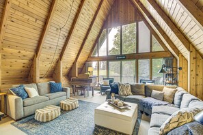 TV, fireplace, books