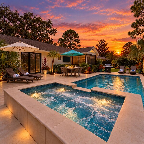 A swimming pool with a hot tub, lounge chairs, and a patio area with a table and chairs.