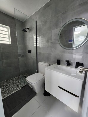 Shower, hair dryer, towels, soap