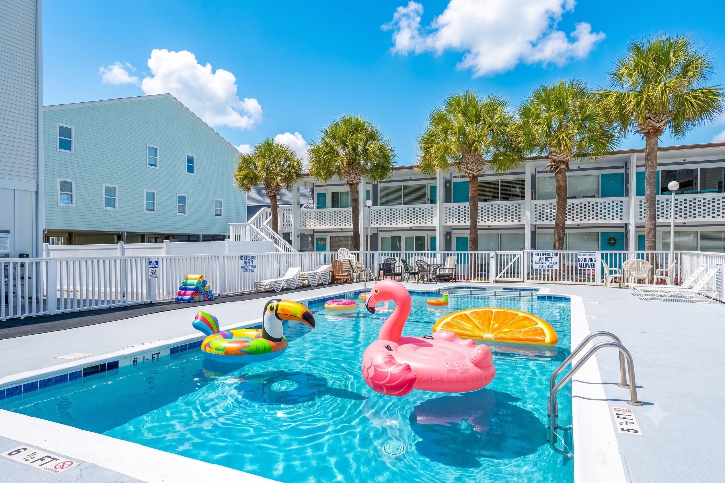 A swimming pool with inflatable toys, a lifeguard stand, and a building with balconies.