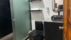 Une salle de bain avec une porte de douche en verre, un lavabo noir et un miroir au-dessus du lavabo.