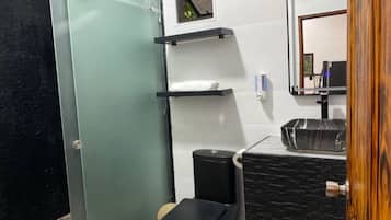 Regadera, toallas, jabón, papel de baño