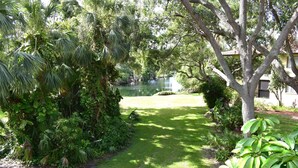 A lush garden with a pond, surrounded by dense foliage and a well-maintained lawn. - Wild Oak Bay - 3/2 Beaches 15 minute drive (Bradenton)